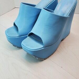 Sky Blue Platform Wedge Mules Womens Size 10 Super Stacker Chunky Heels